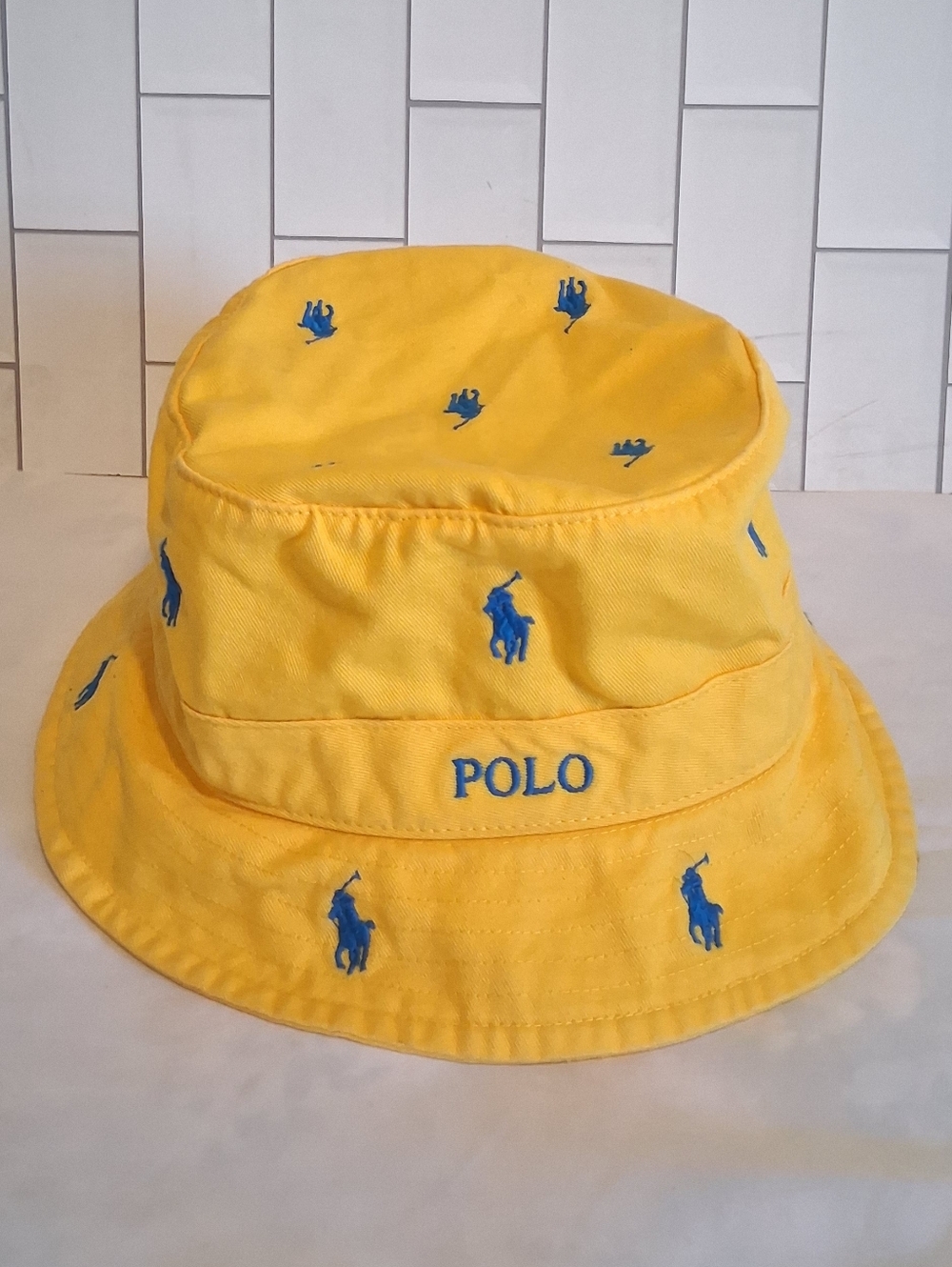 New Polo Ralp Lauren Scattered Bucket Hat Pony Embroidered Men Yellow Sz L/XL - Picture 6 of 6